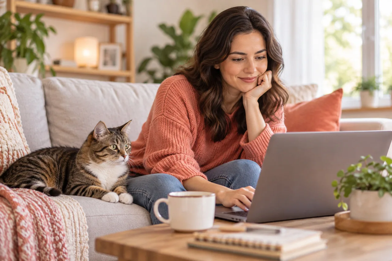 Owner working on a laptop beside a resting cat